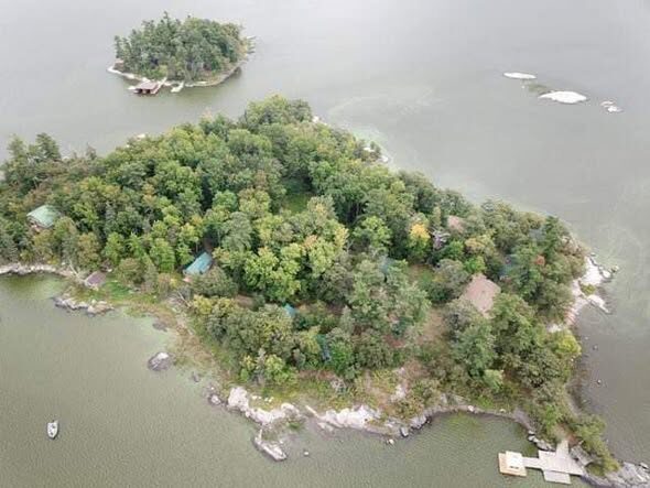 Aerial view of the wooded island and bay