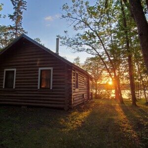 Log cottage at King Island Lodge glowing in golden evening light through the pines