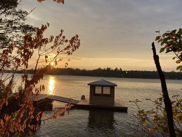 Dock gazebo at sunset on King Island