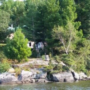 King Island cottages seen from the water among the trees
